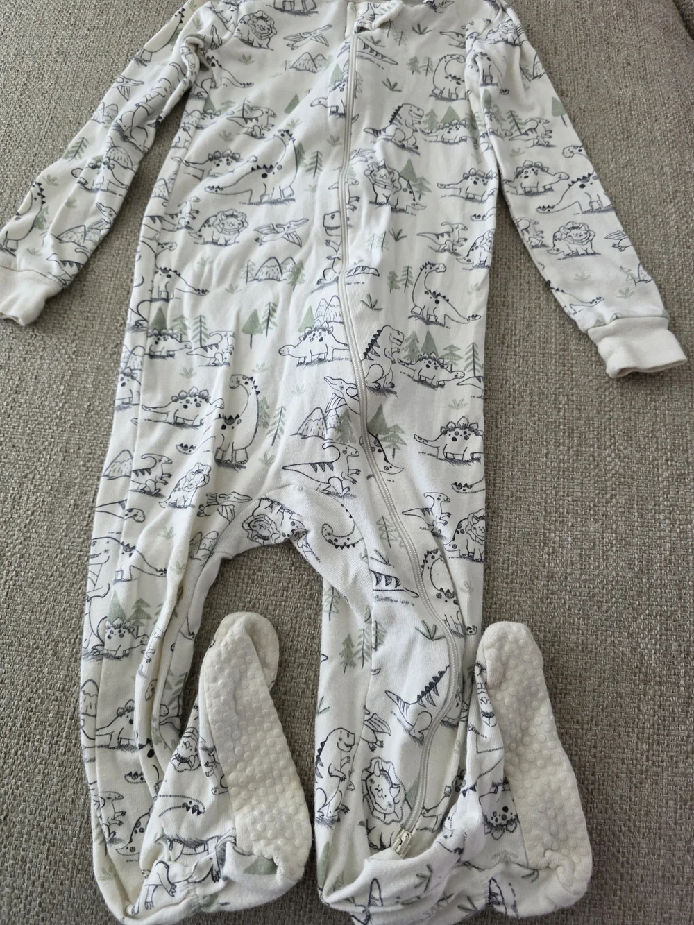 Cream Dino Print Kids One-Piece Footed Pajamas